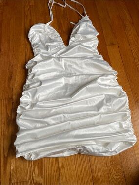 Fashion Nova White Satin Ruched Strapless Halter Dress L